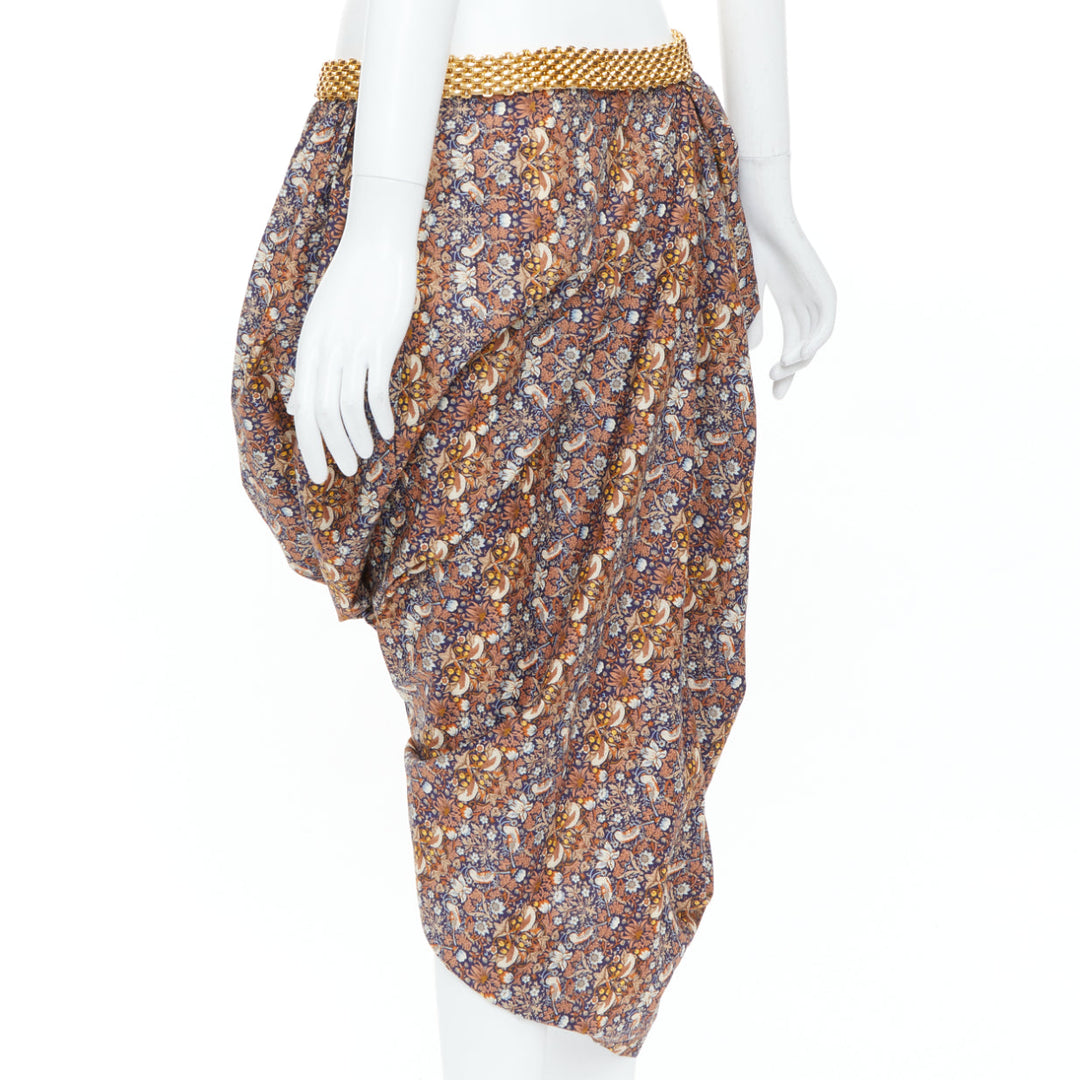 JUNYA WATANABE 2008 Runway brown navy floral gold chain draped skirt M
