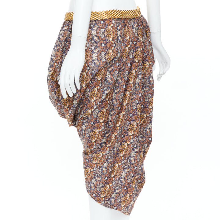 JUNYA WATANABE 2008 Runway brown navy floral gold chain draped skirt M