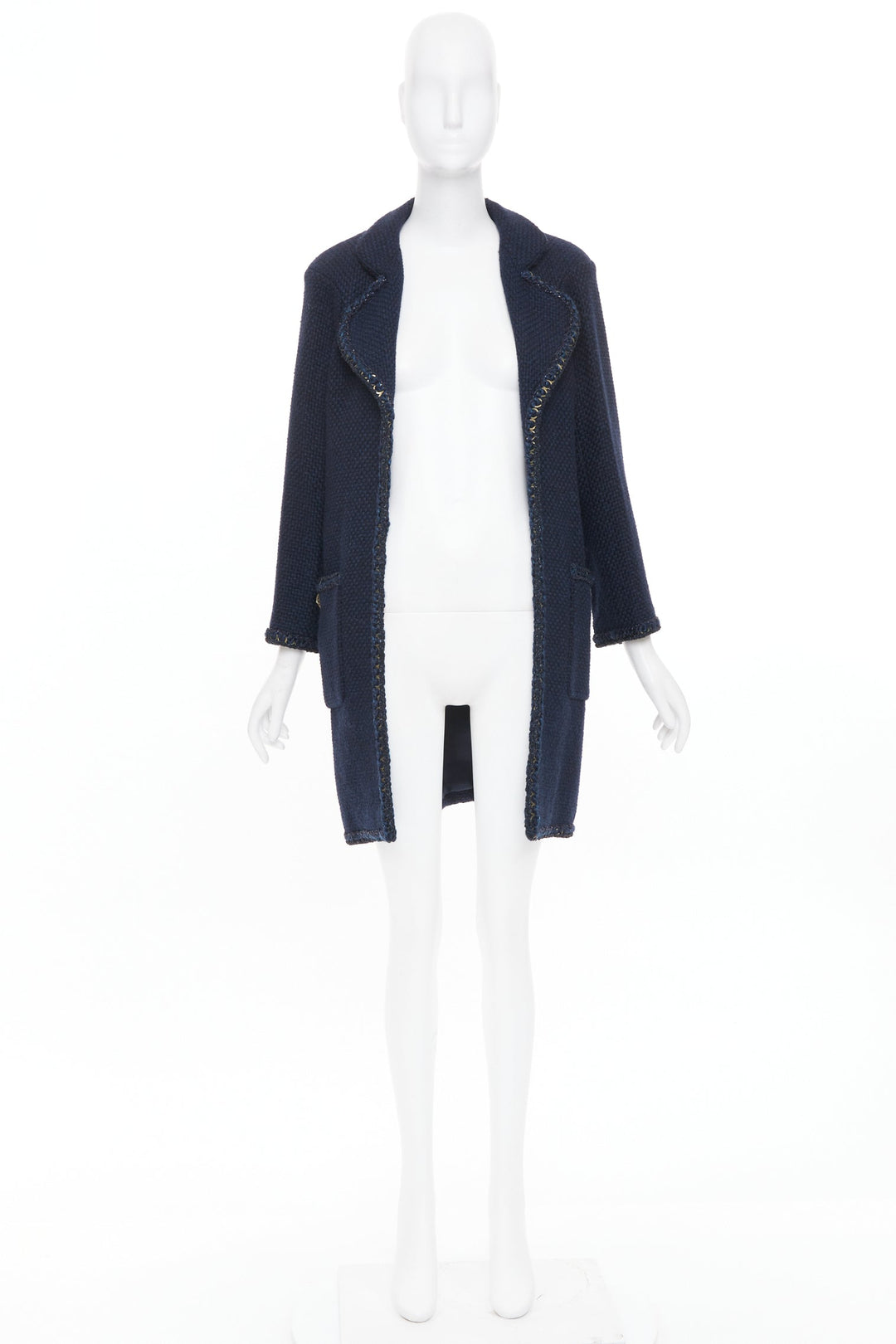 CHANEL 2015 Paris Salzburg navy alpaca blend braid trim open tweed coat FR34 XS