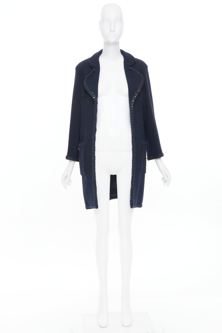 CHANEL 2015 Paris Salzburg navy alpaca blend braid trim open tweed coat FR34 XS