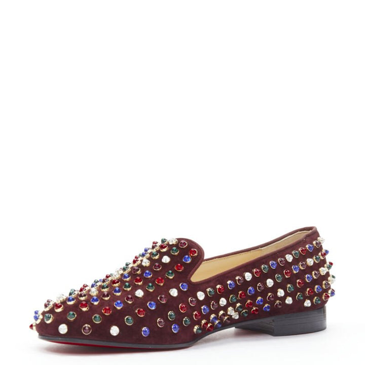 CHRISTIAN LOUBOUTIN Jewel tone Gripoix stud burgundy red suede loafer EU39.5