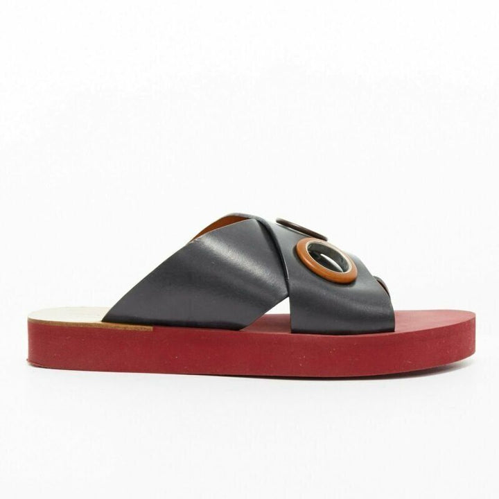 CHLOE black cross strap leather trimmed large grommet red rubber slides EU37