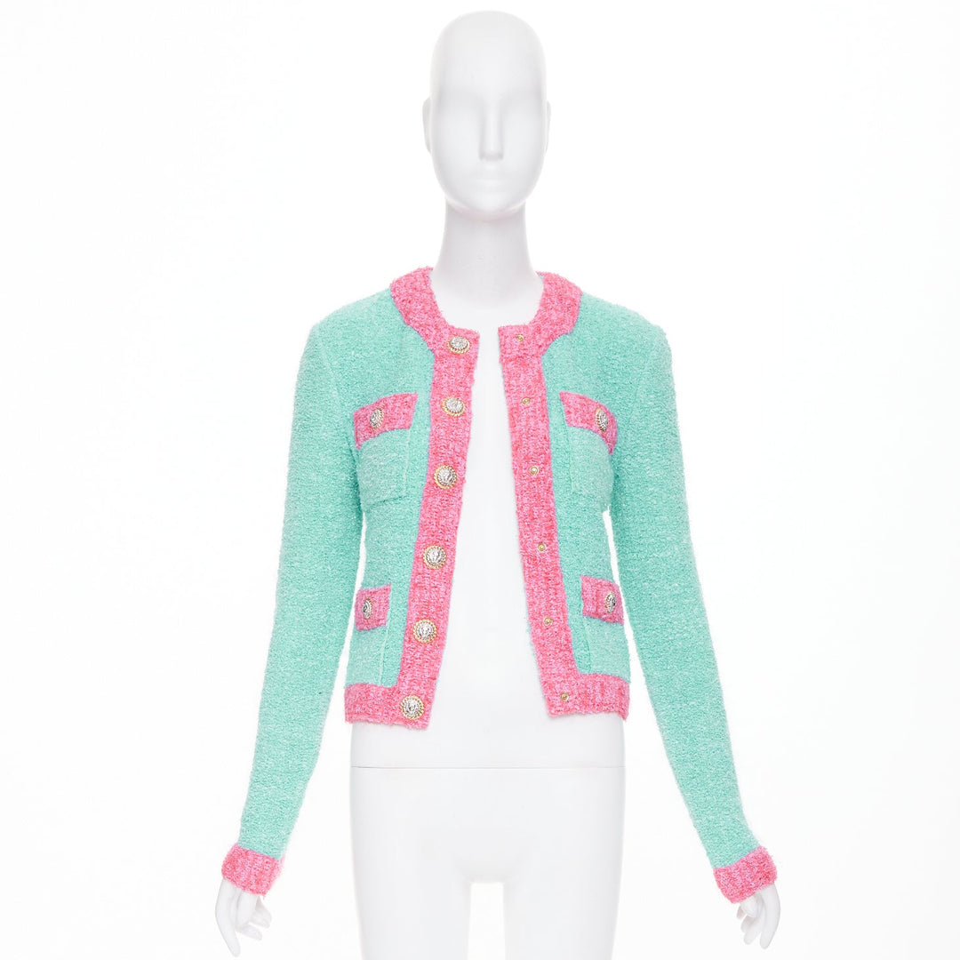 BALMAIN 2024 green pink boucle lurex buttoned knit cardigan FR34 XS