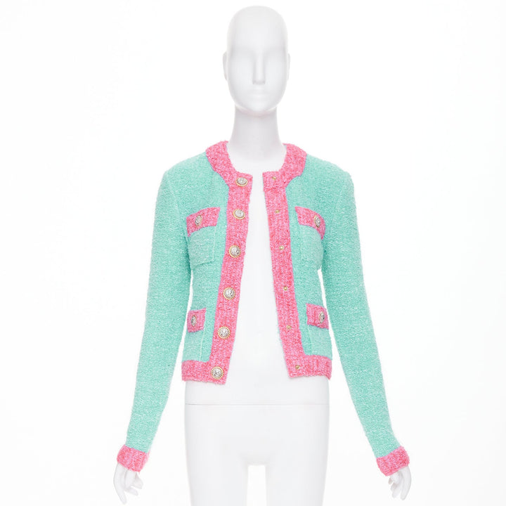 BALMAIN 2024 green pink boucle lurex buttoned knit cardigan FR34 XS