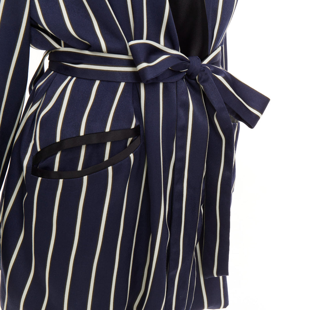 RAEY navy white stripe silk trim belted kimono smoking pajama tux jacket UK8 S