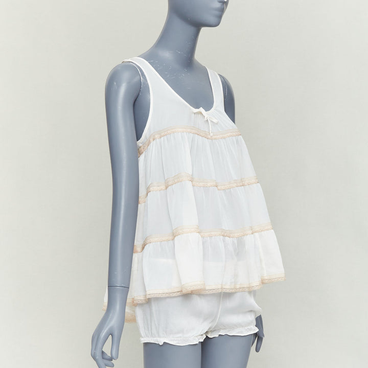 KIKI DE MONTPARNASSE silk cream babydoll bow tiered bloomer nightwear set M