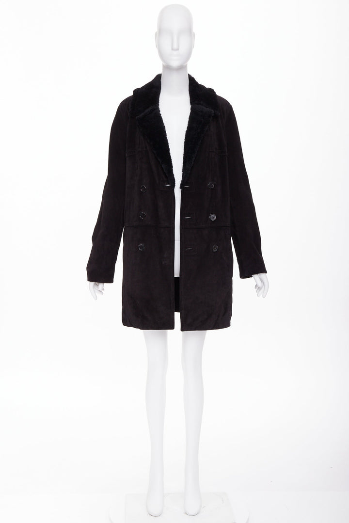 SAINT LAURENT 2022 black suede shearling lined double breasted coat EU44 XS