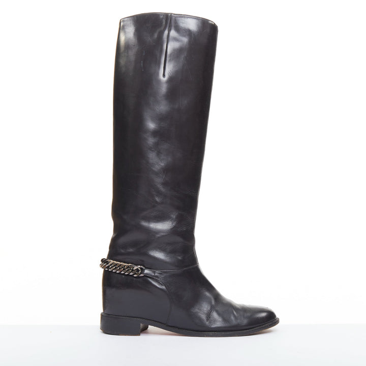 CHRISTIAN LOUBOUTIN Cate black leather silver chain wedge riding boots EU37.5