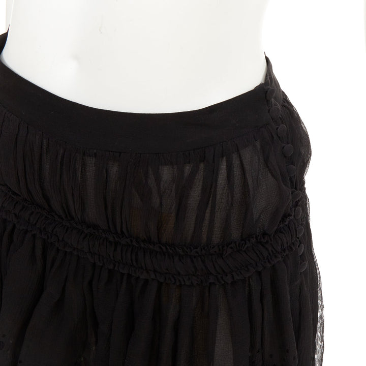 JOHN GALLIANO Gonna black 100% shirred silk laser cut holes prairie skirt FR36 S
