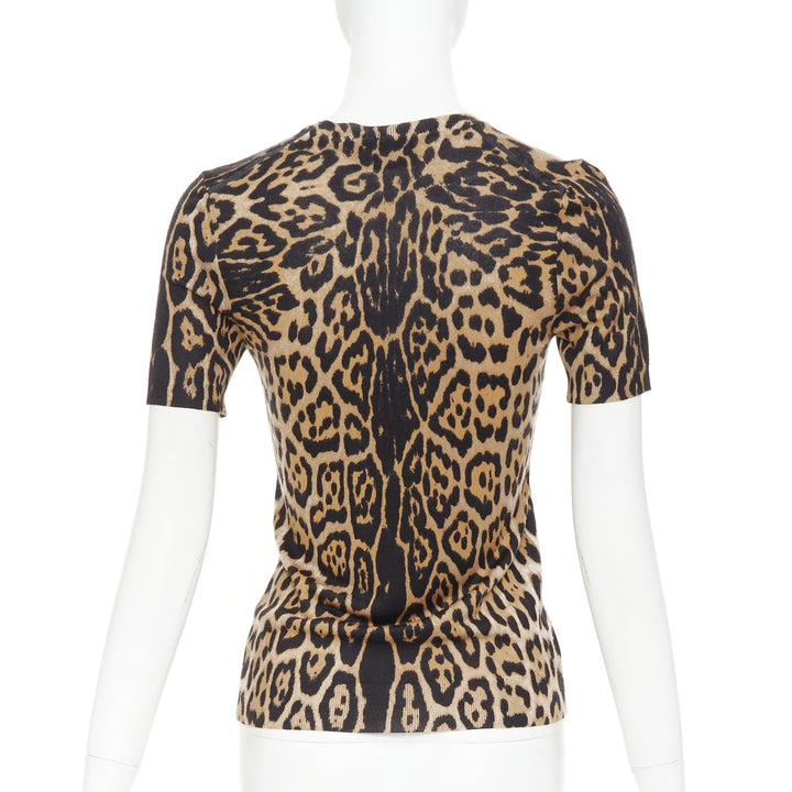 YVES SAINT LAURENT brown cashmere silk leopard logo crew knit sweater top S