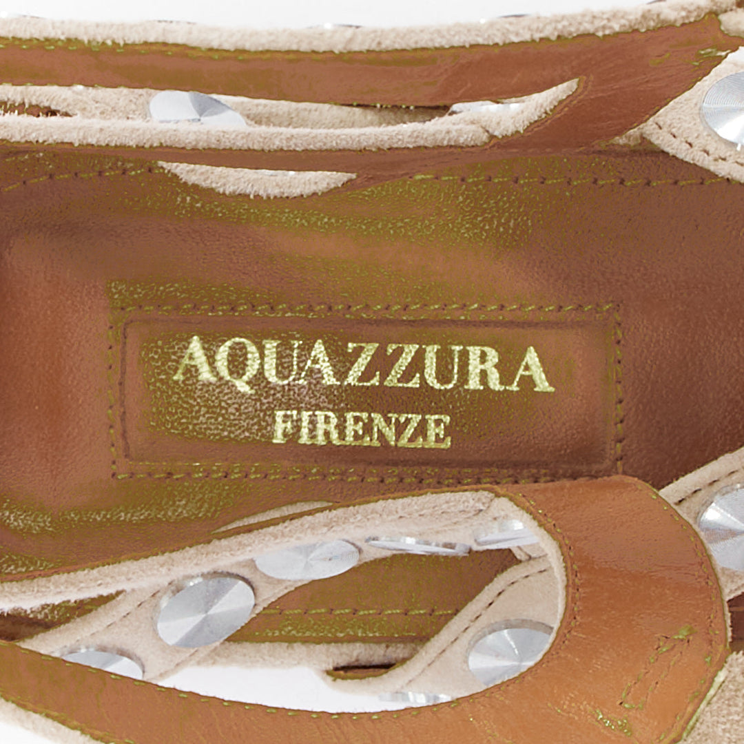 AQUAZZURA beige leather silver disc studded gladiator sandals EU36