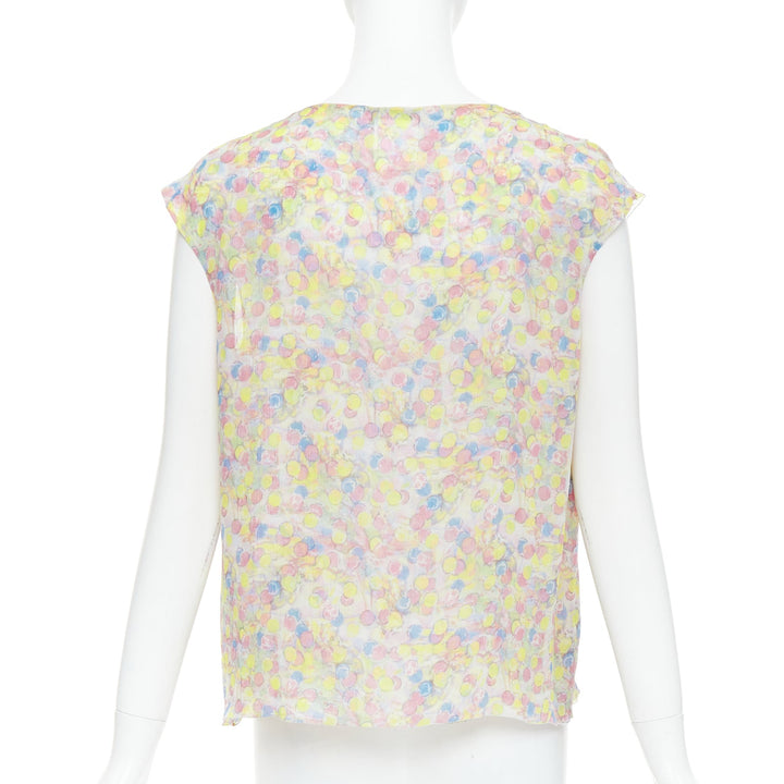 CHANEL 2011 100% silk Vintage circle pastel CC logo ruffle blouse FR42 XL