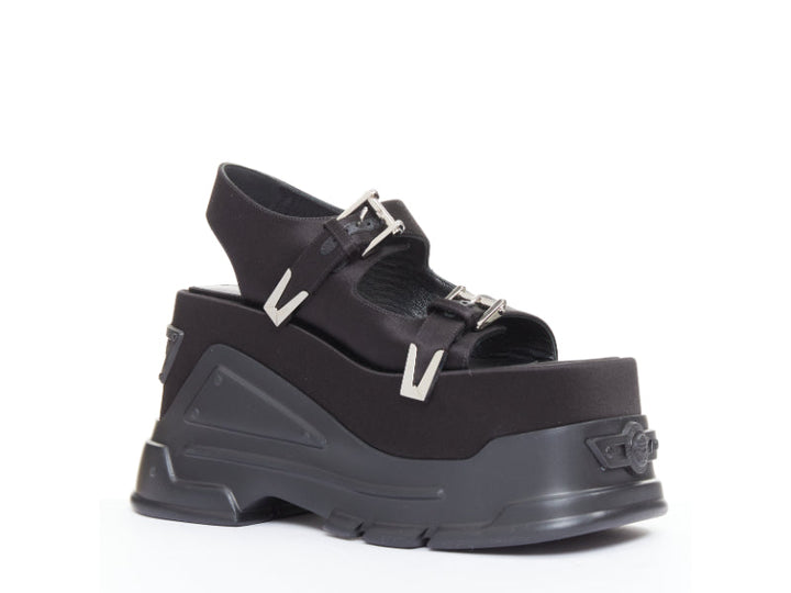 new VERSACE Anthem 120 Black satin silk Medusa buckle platform sandals EU38