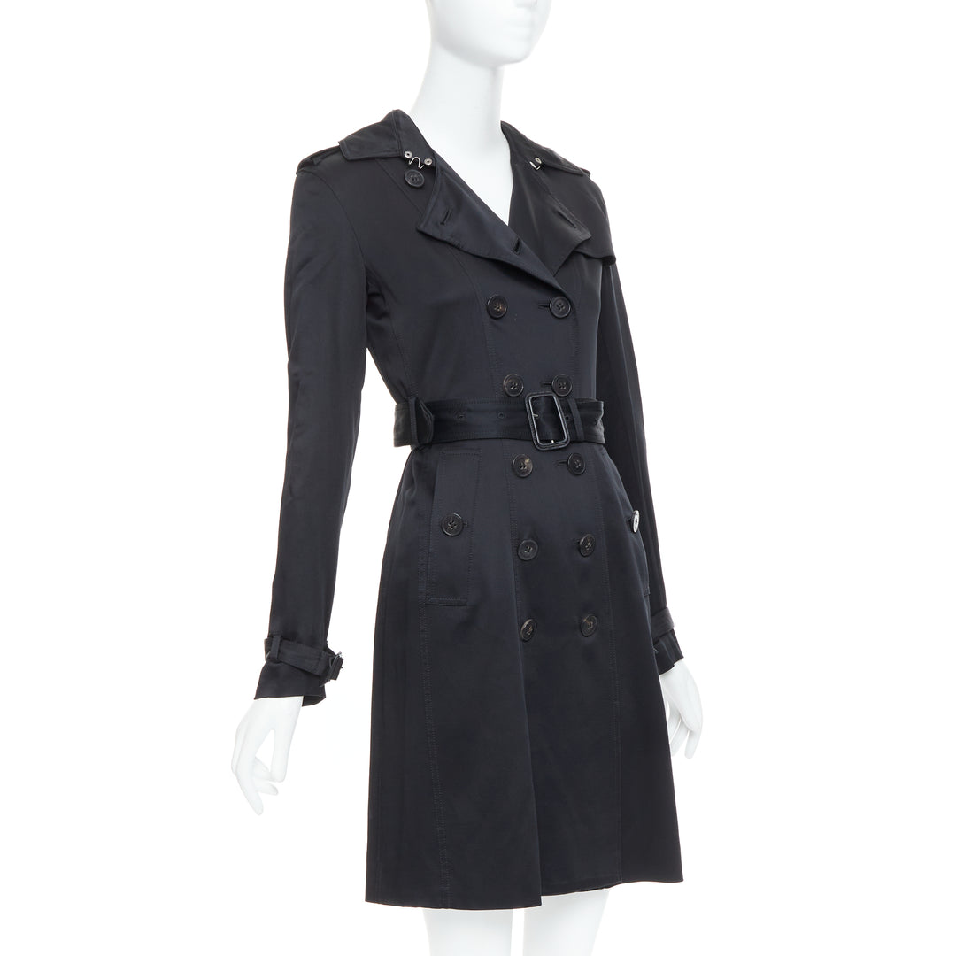 BURBERRY LONDON black 100% silk check lined belted trench coat