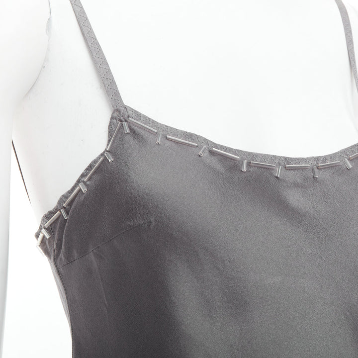 PRADA Vintage 100% silk grey clear long bead embellished camisole top IT38 XS