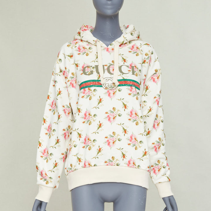 GUCCI 2017 ivory pink floral logo print jersey  hoodie XS
