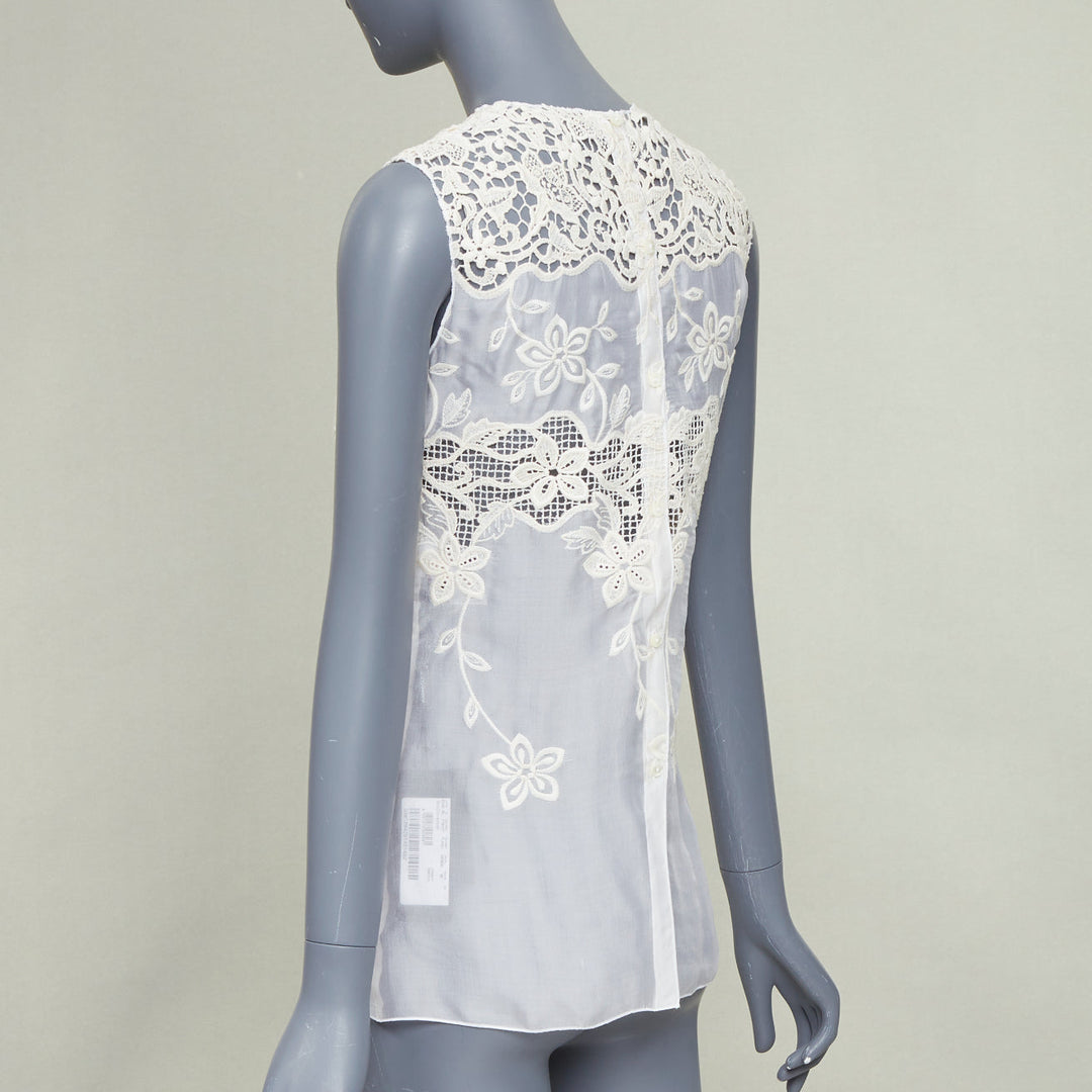 DOLCE GABBANA white beige silk cotton floral embroidered lace crew top IT36 XXS