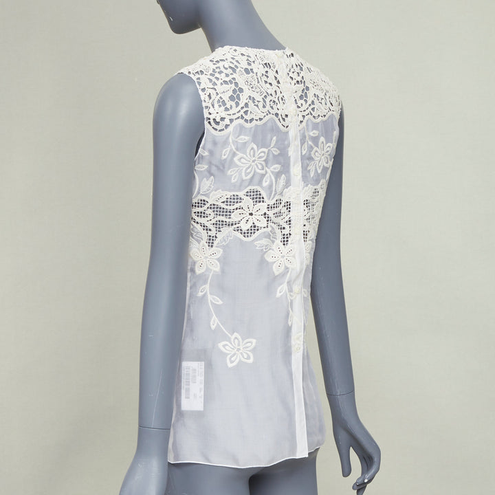 DOLCE GABBANA white beige silk cotton floral embroidered lace crew top IT36 XXS