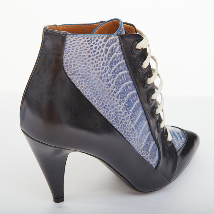 BALENCIAGA 2012 Runway blue emboss black leather lace up high heel booties EU36