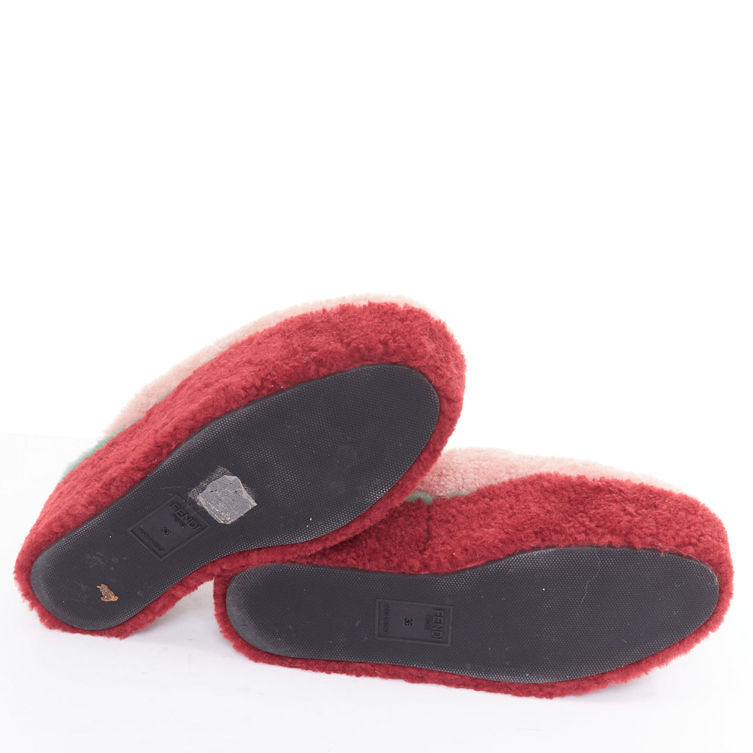 FENDI colorblock pink red green genuine shearling platform slingback mules EU36