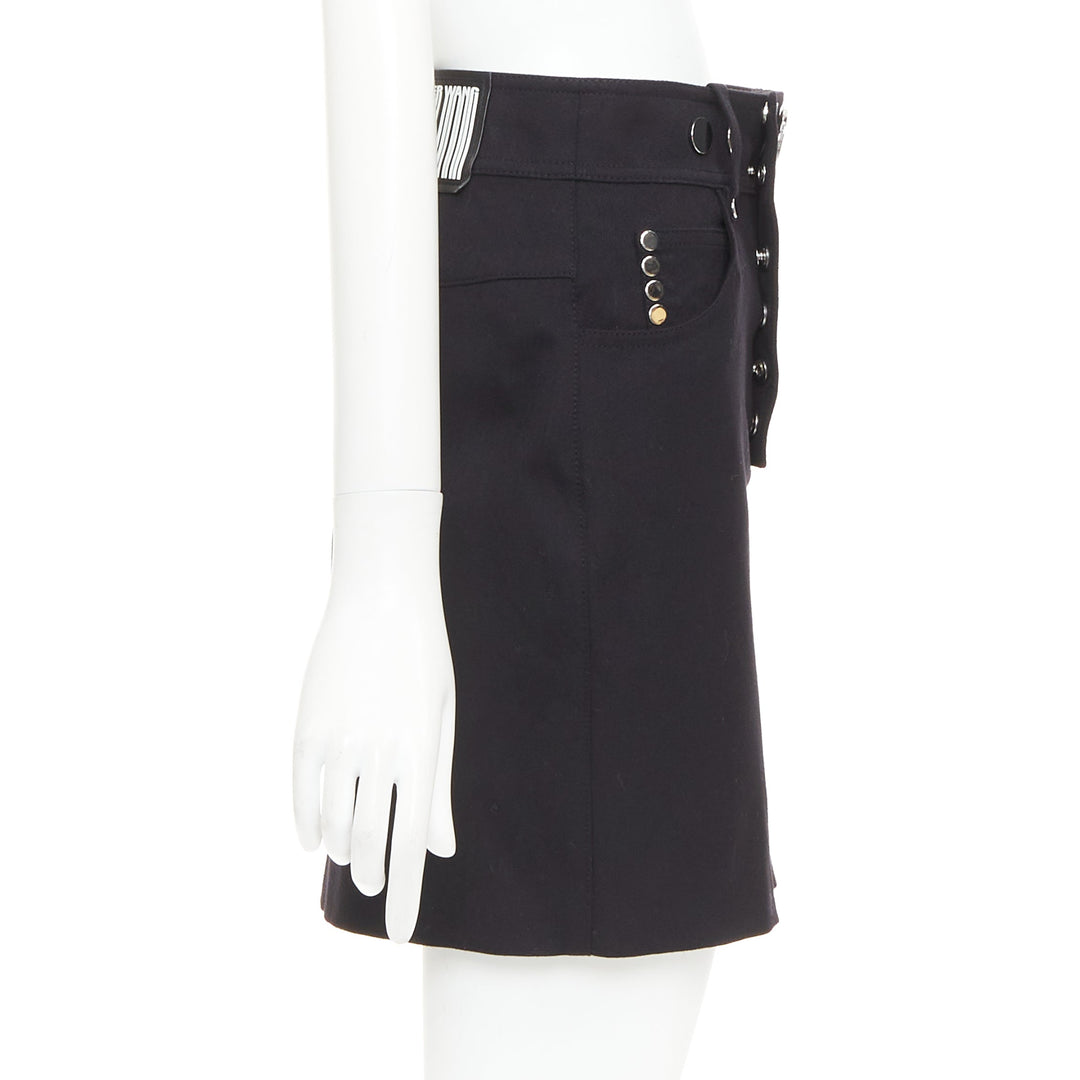 ALEXANDER WANG black virgin wool mirrored silver snap buttons skirt US2 S