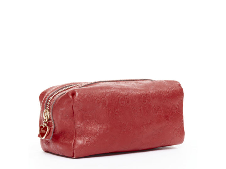 GUCCI Vintage Guccissima red leather GG emboss gold heart zip pouch make up bag