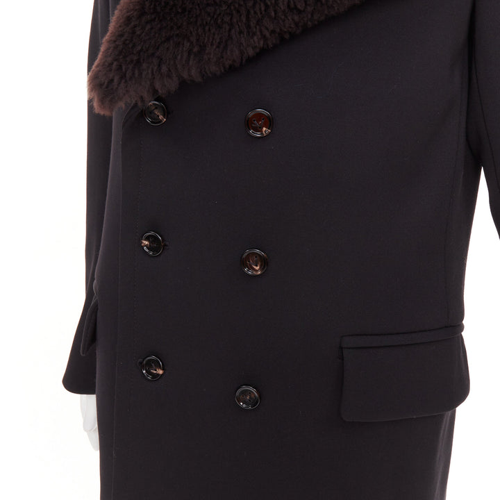 BOTTEGA VENETA Daniel Lee black wool brown lamb shearling collar  coat IT44 L