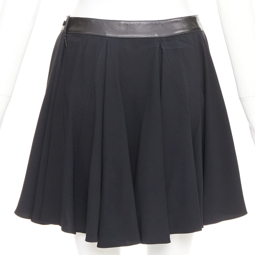 SAINT LAURENT 2012 black leather trim waist acetate mini flutter skirt FR36 S