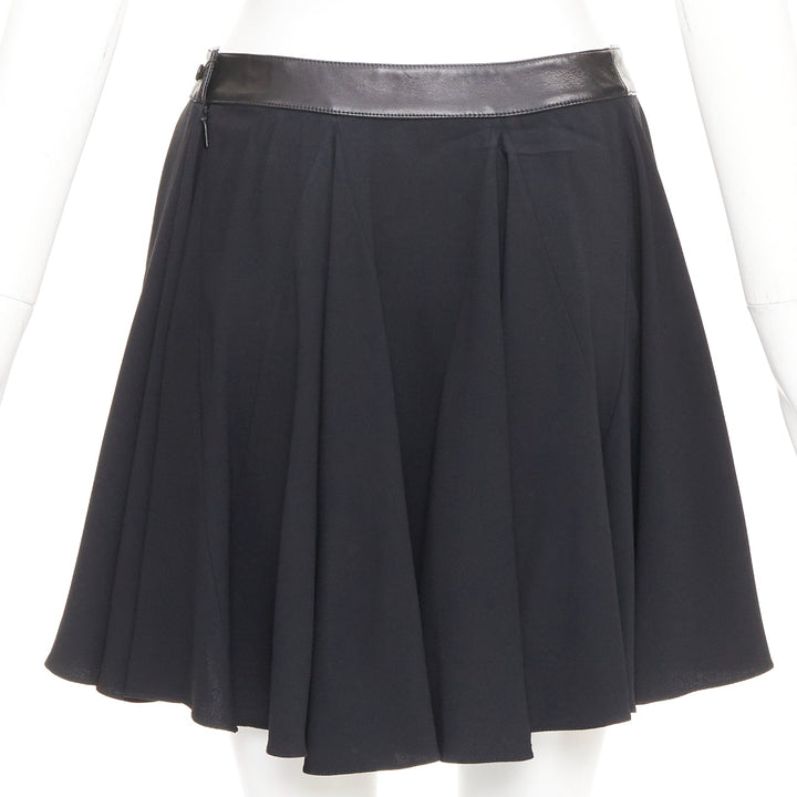 SAINT LAURENT 2012 black leather trim waist acetate mini flutter skirt FR36 S