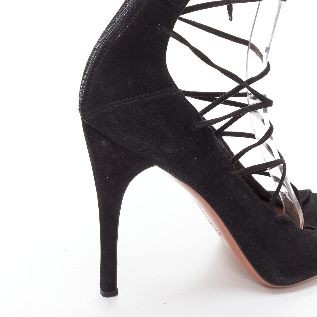 ALAIA black suede leather lace up back zip strappy sandal heels EU38.5