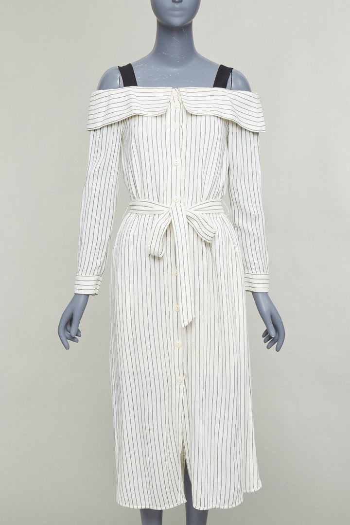 TIBI cream grey pinstriped off shoulder black contrast tie waist dress US4 S
