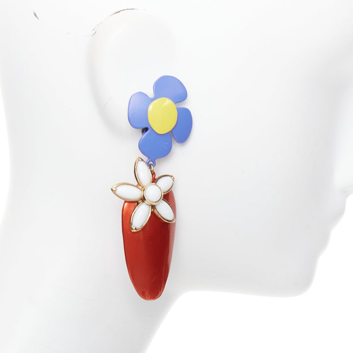 SAINT LAURENT 2021 Runway blue orange daisy white stone plate clip earring Pair