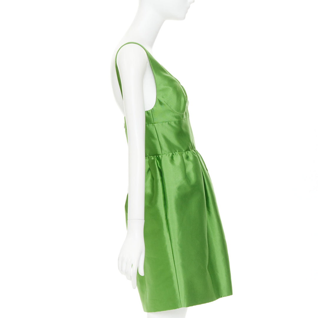 PRADA 2022 Kelly green duchess silk V-neck sleeveless mini dress IT40 S