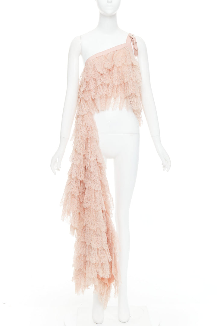 ALEXANDER MCQUEEN 2007 Runway pink lace leather cascade drape ruffle top IT38 XS