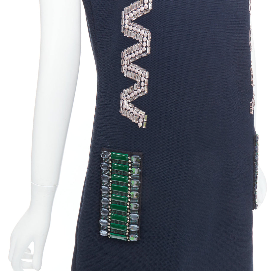 LANVIN 2015 navy cotton rhinestone embellished ribbon shift dress FR36 S