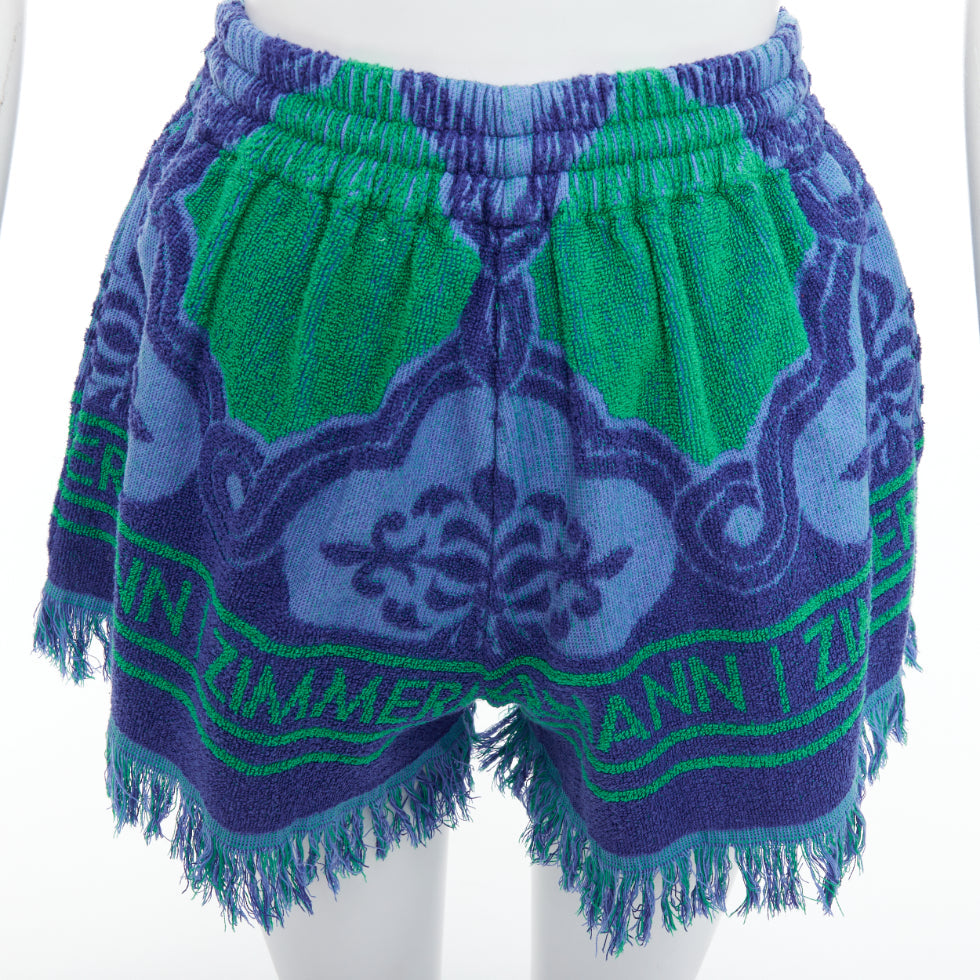 ZIMMERMANN Tiggy blue green terry cloth logo fringe shorts US0 XS