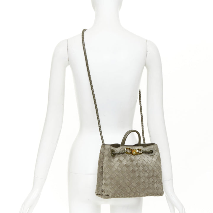 BOTTEGA VENETA Small Andiamo grey intrecciato suede gold knot tote bag