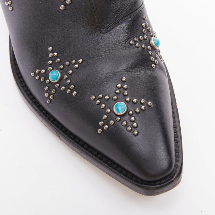 VALENTINO black leather turquoise blue stone star studded ankle boots EU40