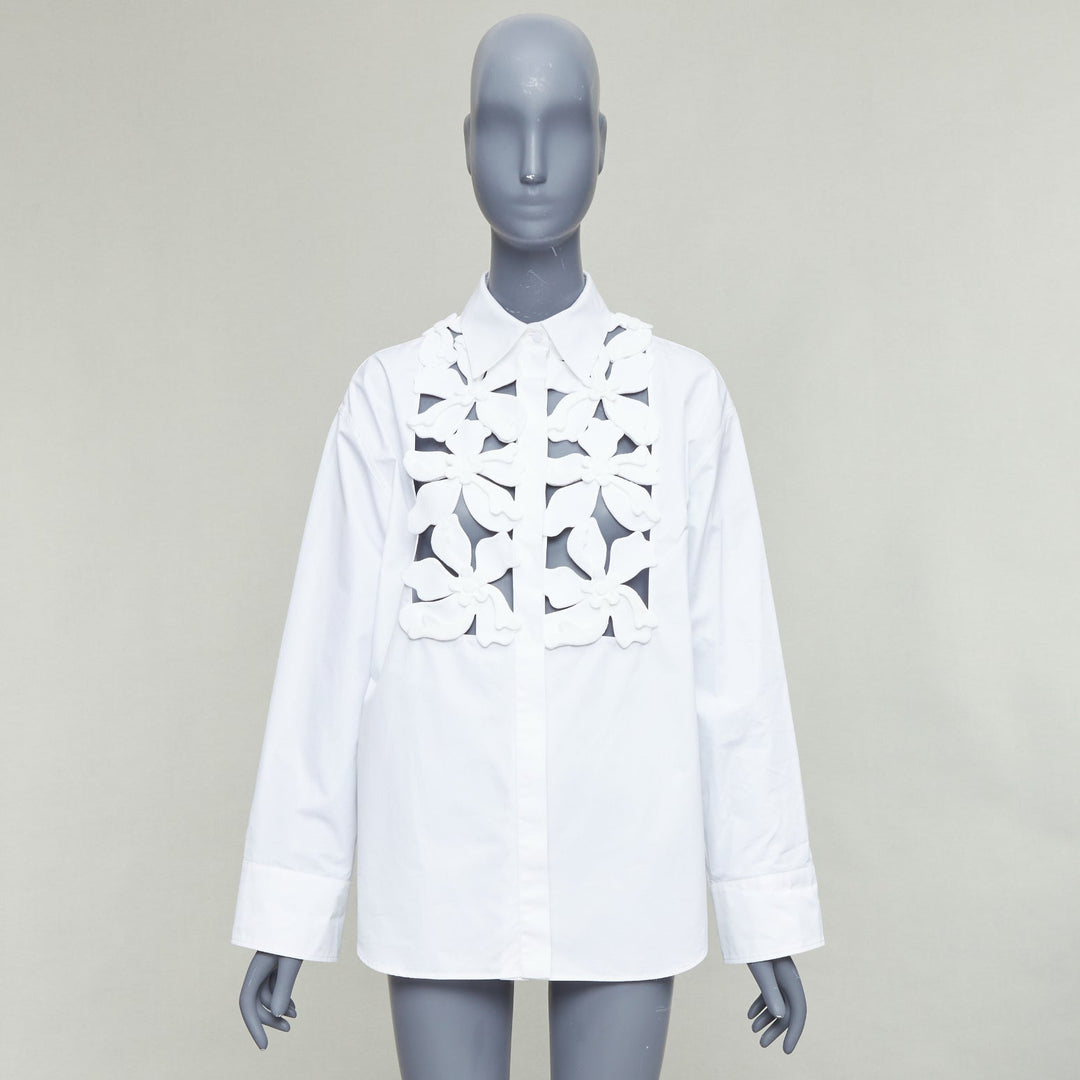 VALENTINO 2023 white floral 3D applique cut out bib dress shirt IT36 XXS