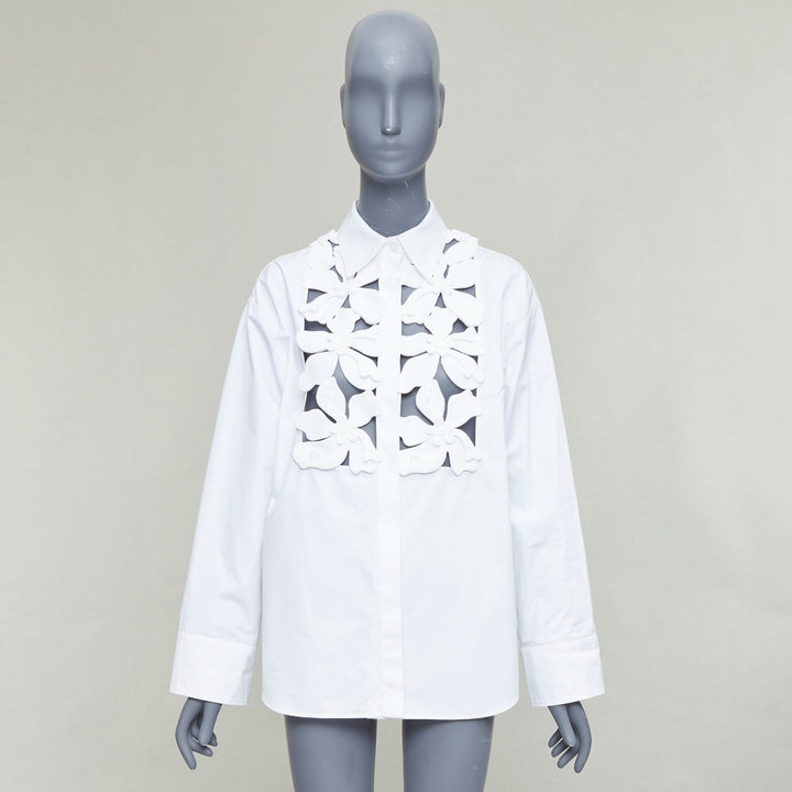 VALENTINO 2023 white floral 3D applique cut out bib dress shirt IT36 XXS