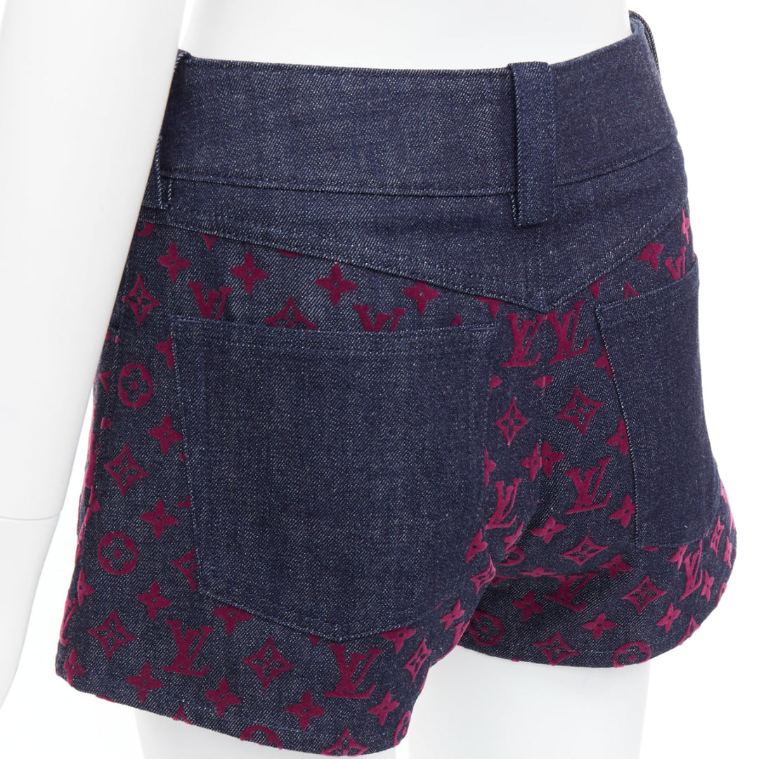 LOUIS VUITTON Flocked Monogram burgundy blue monogram denim shorts XS