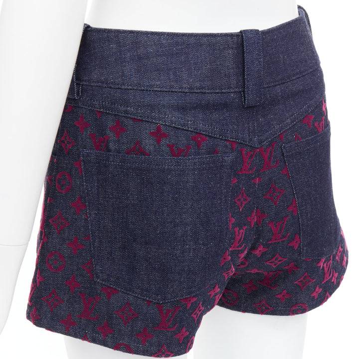 LOUIS VUITTON Flocked Monogram burgundy blue monogram denim shorts XS