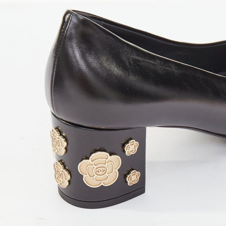 CHANEL 2021 black leather patent cap toe gold camellia block heel pumps EU39C