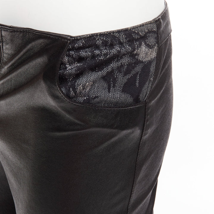 JITROIS black leather cotton blend lace panels wide leg flared pants IT34 XXS