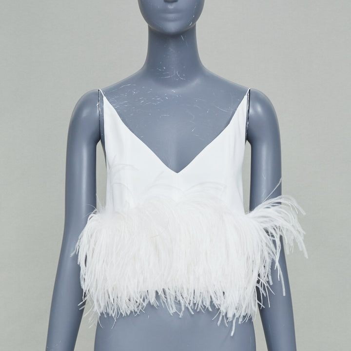 16ARLINGTON Poppy white crepe ostrich feather trim camisole evening top UK8 S