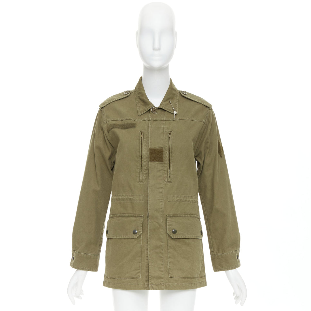 SAINT LAURENT 2015 army green cotton linen pocketed military jacket FR34 S