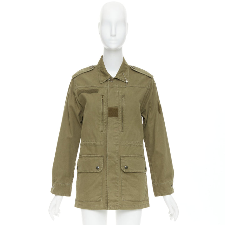 SAINT LAURENT 2015 army green cotton linen pocketed military jacket FR34 S