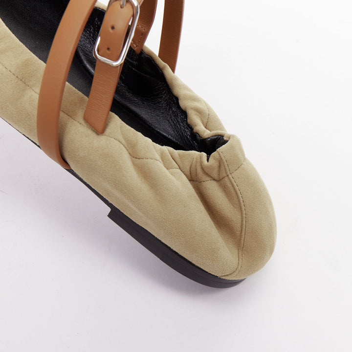 HERMES 2024 Jolly brown suede goatskin brown straps Maryjane ballet flats EU36.5