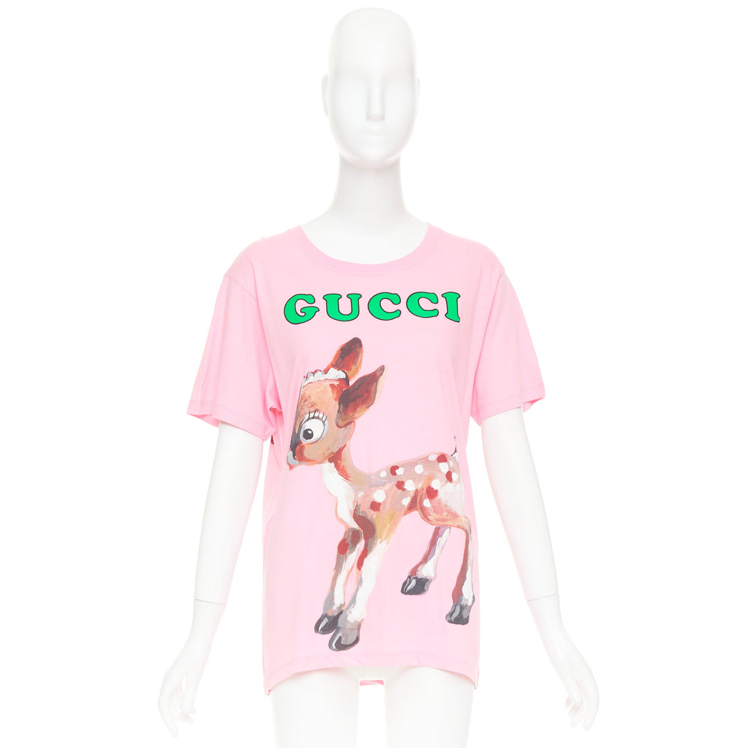 GUCCI 2018 pink cotton Fawn Bambi heart print green logo t-shirt XS