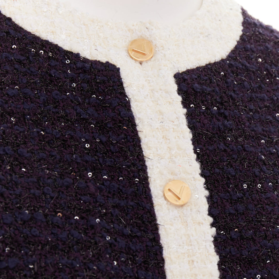 VALENTINO 2023 Retro Mini cream navy boucle tweed V logo mini dress IT38 XS